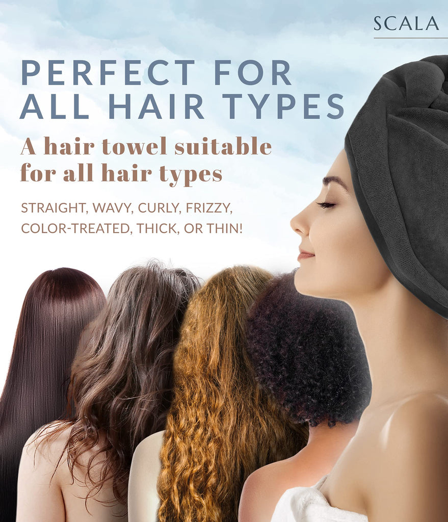 a person with her hair wrapped in a towel with text: 'SCALA PERFECT FOR ALL HAIR TYPES A hair towel suitable for all hair types STRAIGHT, WAVY, CURLY, FRIZZY, COLOR-TREATED, THICK, OR THIN!'