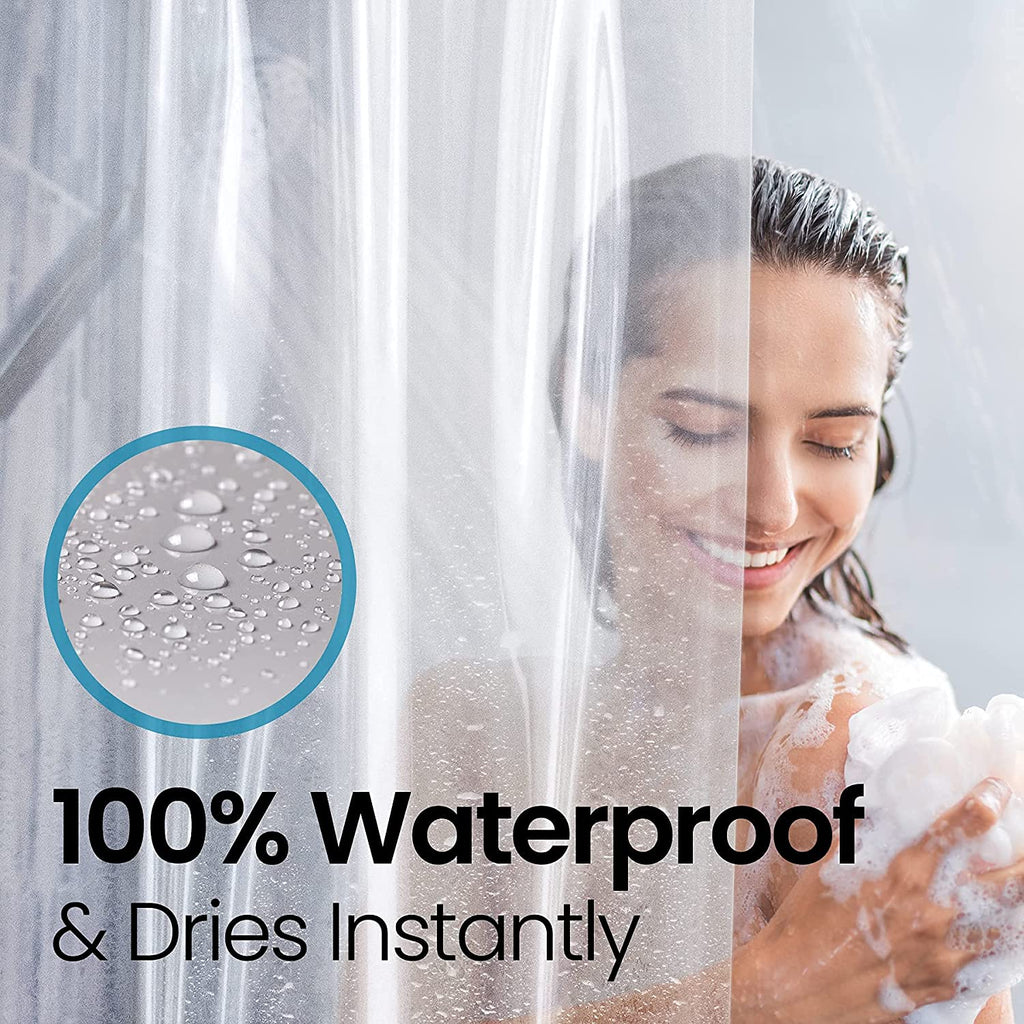 a person taking a shower with text: '100% Waterproof & Dries Instantly'