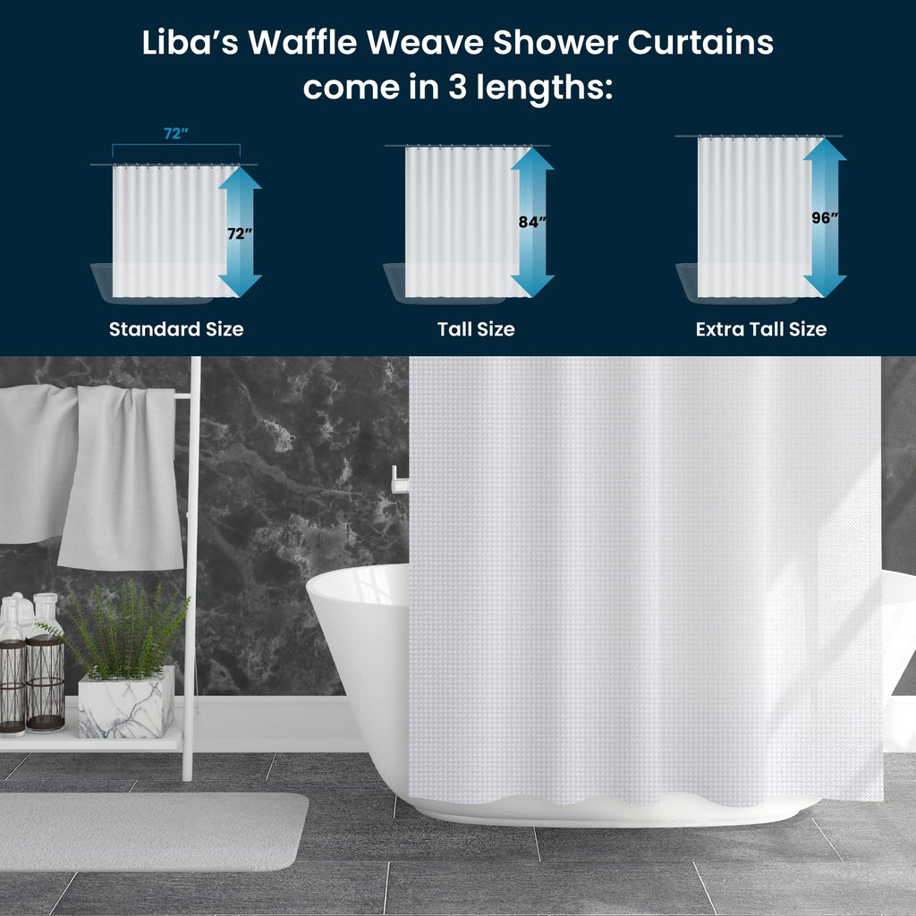 a shower curtain and bathtub in a bathroom with text: 'Liba's Waffle Weave Shower Curtains come in 3 lengths: 72" 96" 84" Standard Size Tall Size Extra Tall Size'