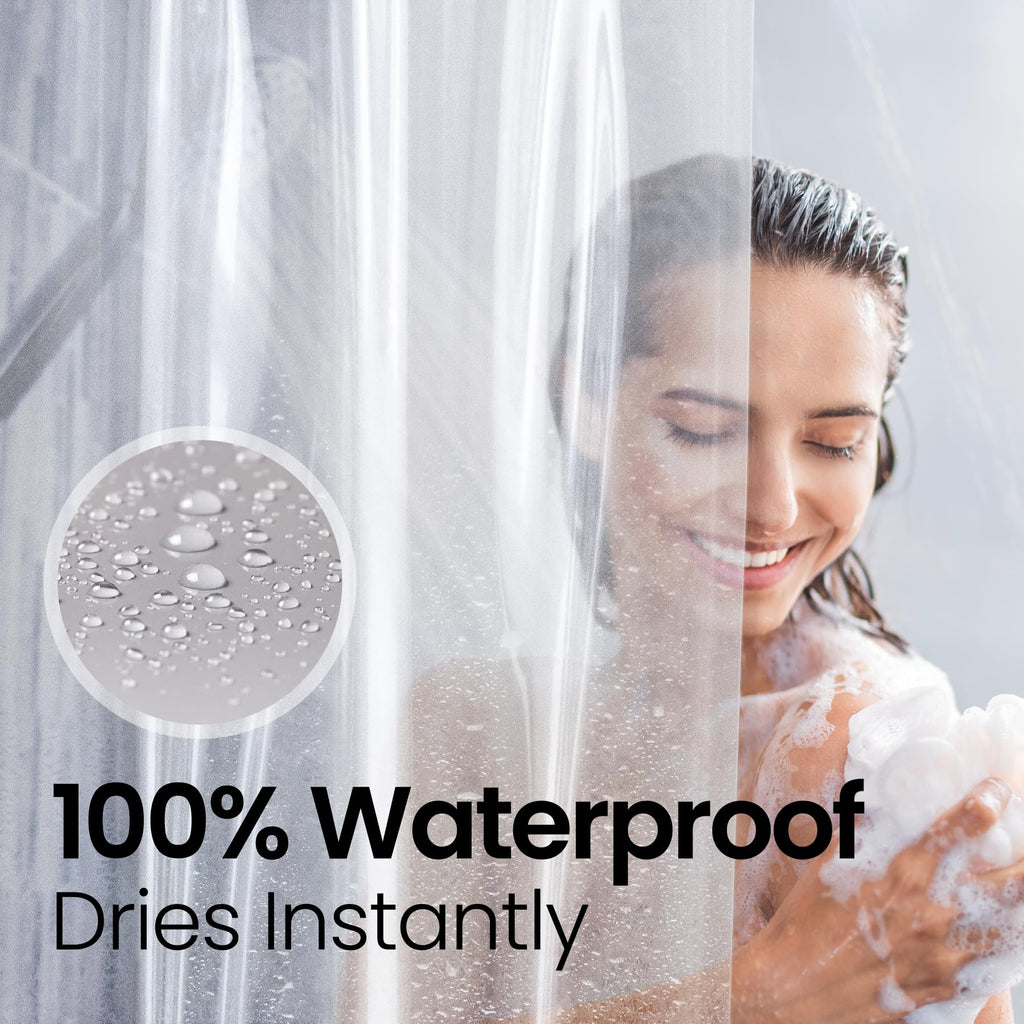 a person in a shower with text: '100% Waterproof Dries Instantly'