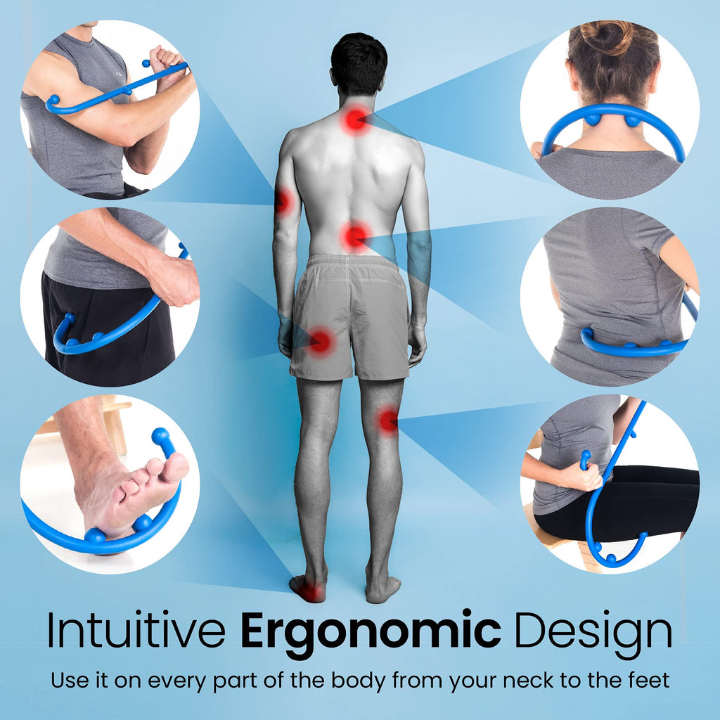 a person with a massage ring with text: 'Intuitive Ergonomic Design Use it on every part of the body from your neck to the feet'