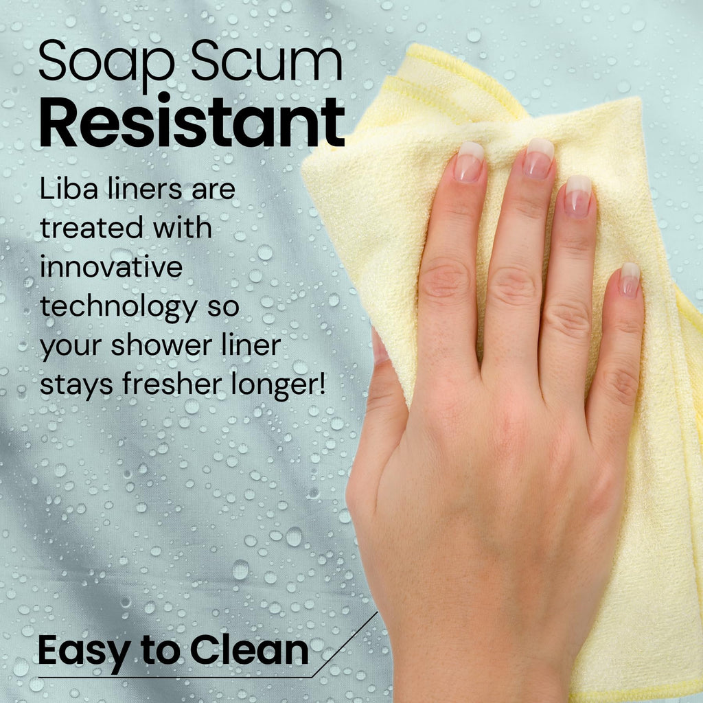 a hand holding a yellow towel with text: 'Soap Scum Resistant Liba liners are treated with innovative technology so your shower liner stays fresher longer! Easy to Clean'