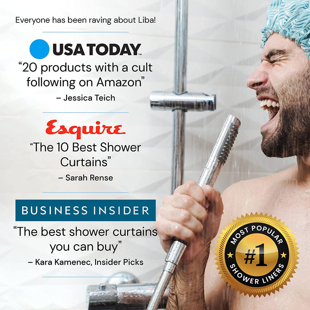 a person singing into a shower with text: 'Everyone has been raving about Liba! USA TODAY "20 products with a cult following on Amazon" - Jessica Teich Esquire "The 10 Best Shower Curtains' - Sarah Rense BUSINESS INSIDER "The best shower curtains MOST POPULAR you can #1 - Kara Kamenec, Insider Picks SHOWER LINERS'