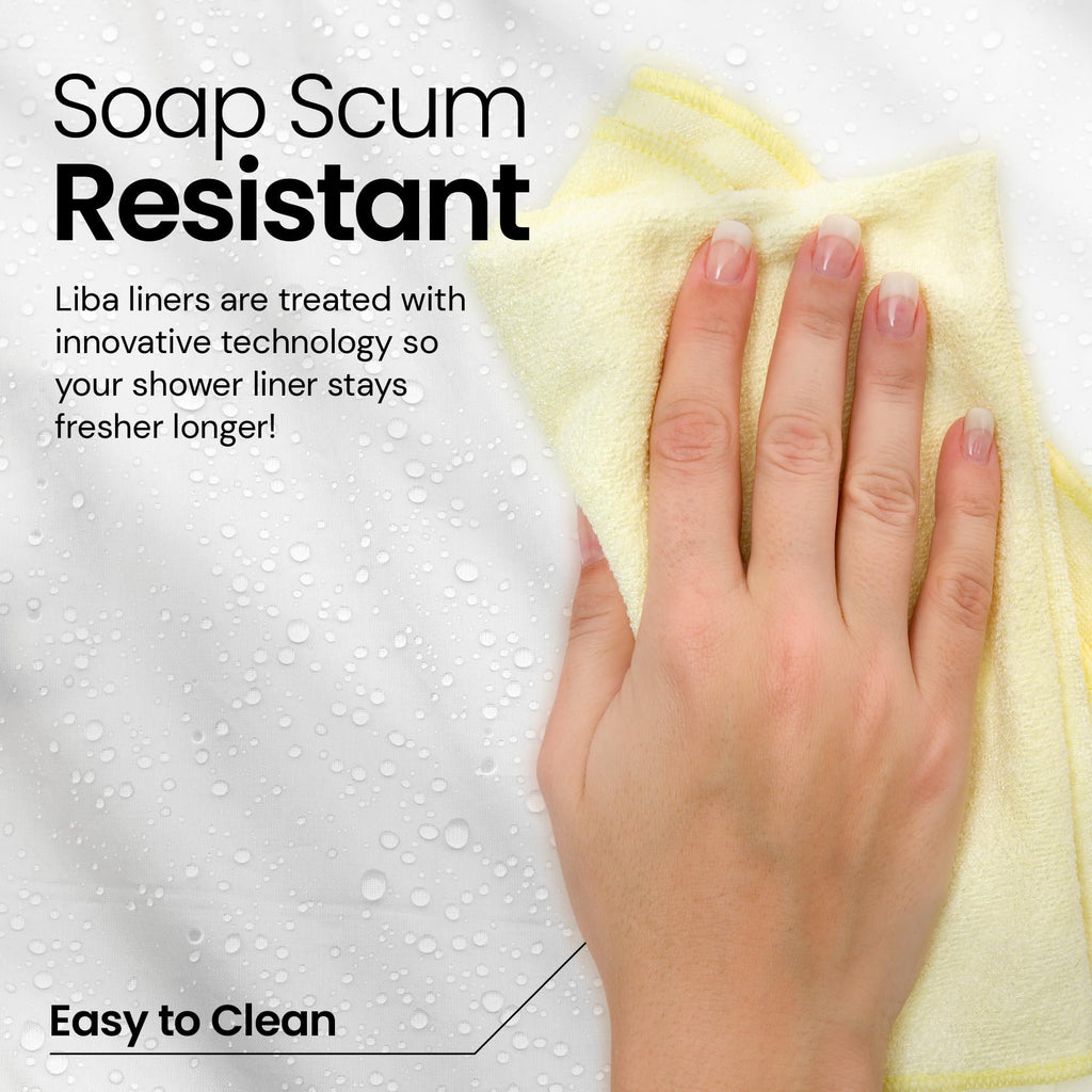 a hand with a yellow towel with text: 'Soap Scum Resistant Liba liners are treated with innovative technology so your shower liner stays fresher longer! Easy to Clean'