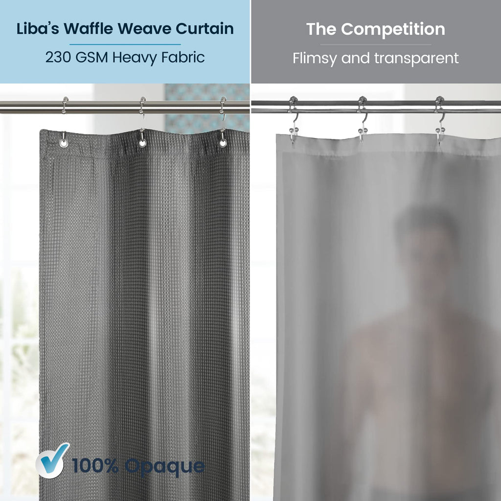 a collage of a shower curtain with text: 'Liba's Waffle Weave Curtain The Competition 230 GSM Heavy Fabric Flimsy and transparent 100% Opaque'