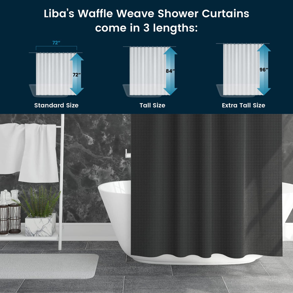 a bathtub with a shower curtain with text: 'Liba's Waffle Weave Shower Curtains come in 3 lengths: 72" 84" Standard Size Tall Size Extra Tall Size'