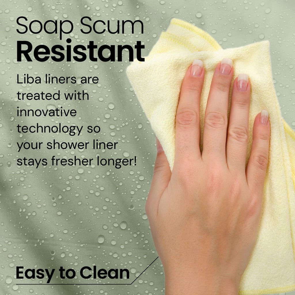 a hand holding a yellow towel with text: 'Soap Scum Resistant Liba liners are treated with innovative technology so your shower liner stays fresher longer! Easy to Clean'