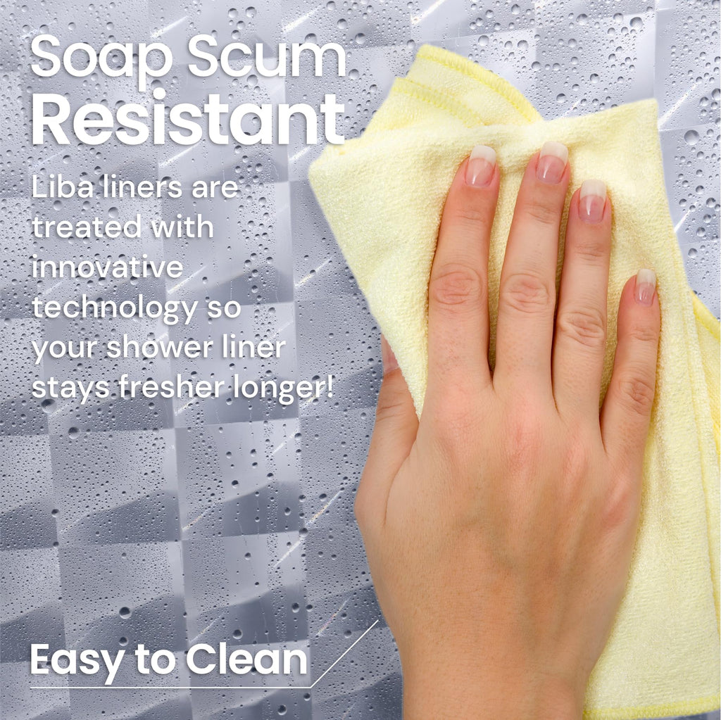a hand holding a yellow towel with text: 'Soap Scum Resistant Liba liners are treated with innovative technology so your shower liner stays fresher longer! Easy to Clean'