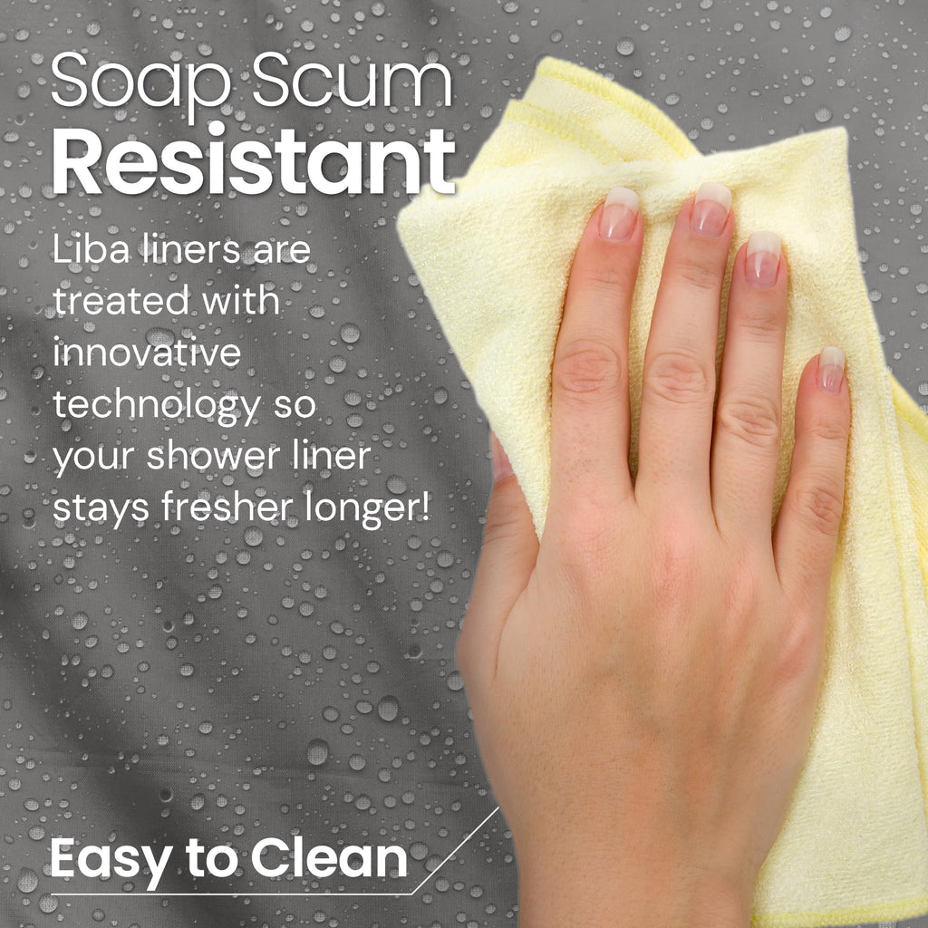 a hand holding a yellow towel with text: 'Soap Scum Resistant Liba liners are treated with innovative technology so your shower liner stays fresher longer! Easy to Clean'