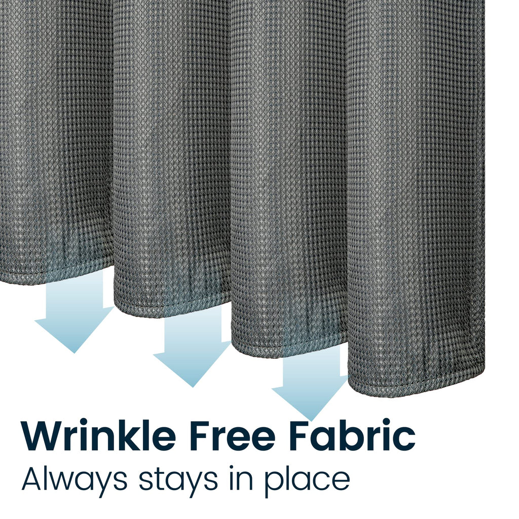 a close-up of a curtain with text: 'Wrinkle Free Fabric Always stays in place'