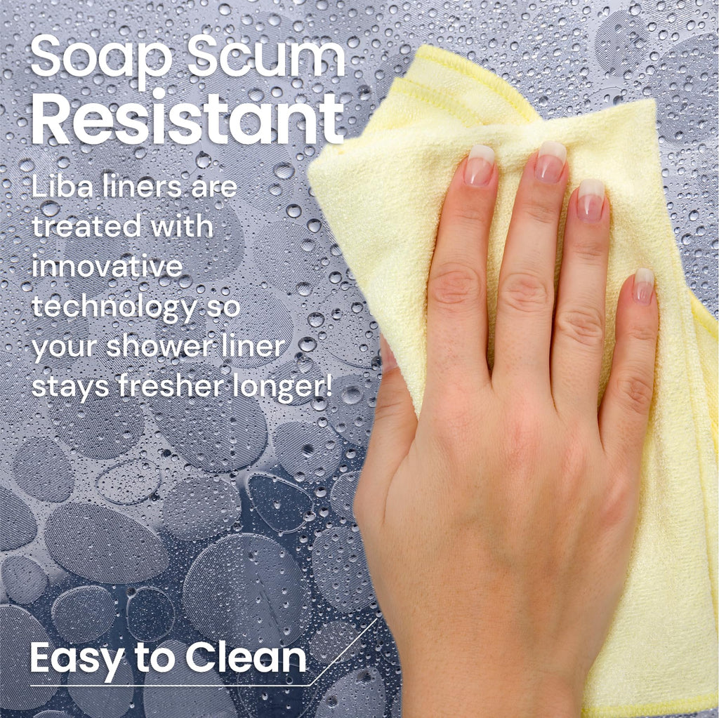 a hand holding a yellow towel with text: 'Soap Scum Resistant Liba liners are treated with innovative technology so your shower liner stays fresher longer! Easy to Clean'